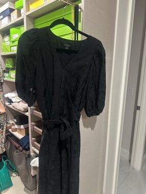 Ann Taylor Black Puff-Sleeve Wrap Midi Dress